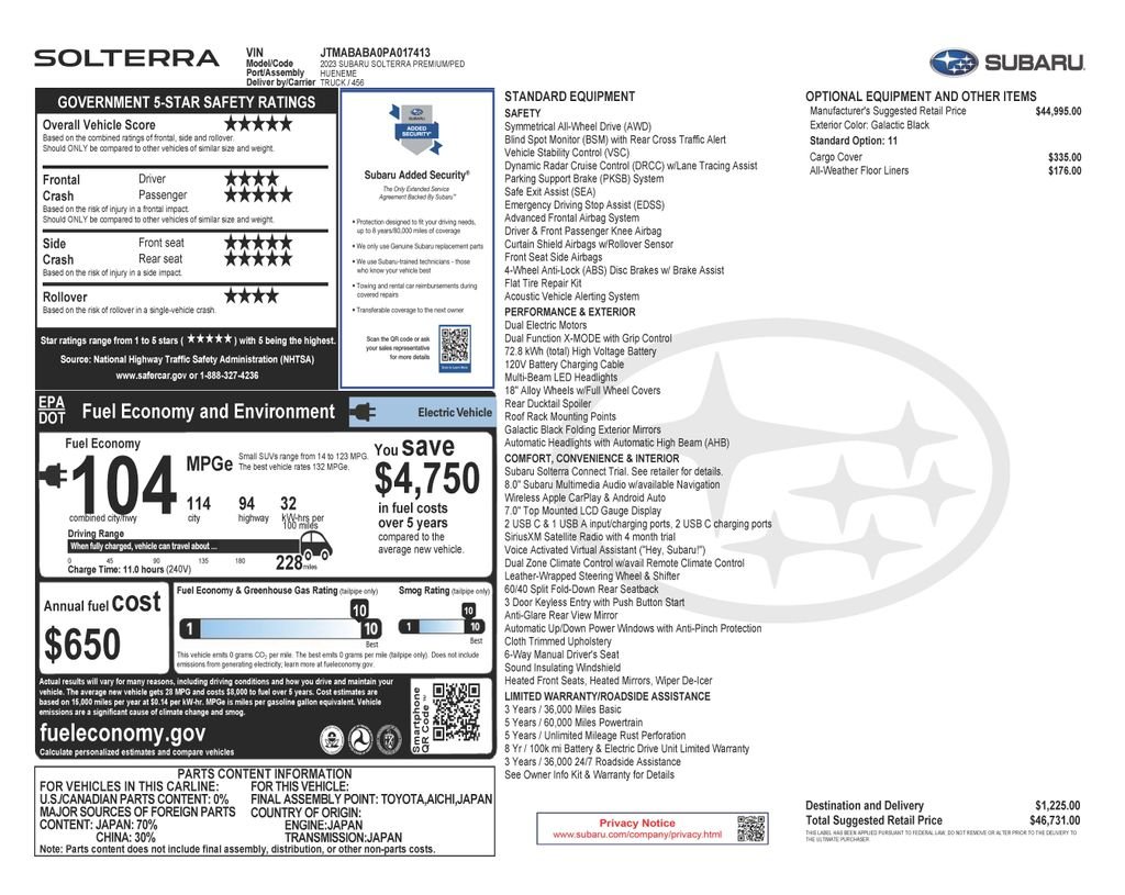 Used 2023 Subaru SOLTERRA Premium with VIN JTMABABA0PA017413 for sale in Phoenix, AZ