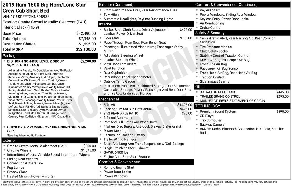 Used 2019 RAM Ram 1500 Pickup Big Horn/Lone Star with VIN 1C6SRFFT2KN598933 for sale in Elk River, Minnesota