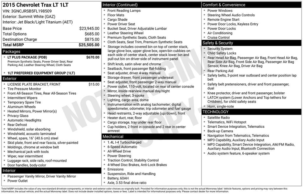 Used 2015 Chevrolet Trax LT with VIN 3GNCJRSB5FL198509 for sale in Christiansburg, VA