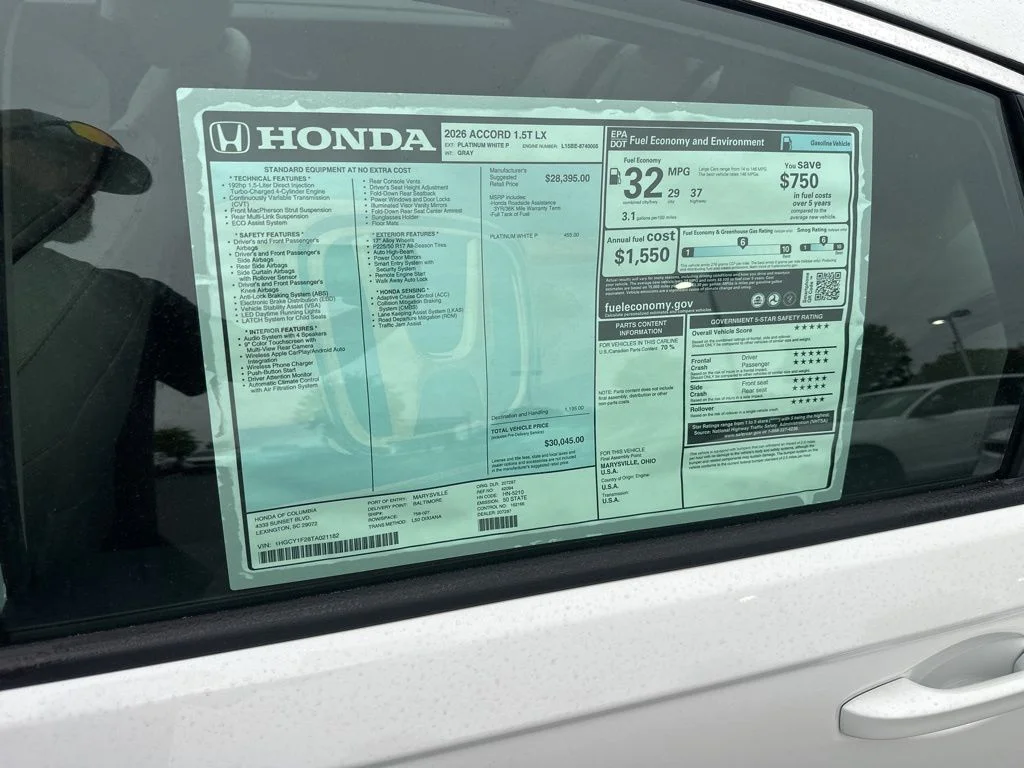 New 2026 Platinum White Pearl Honda LX image 11