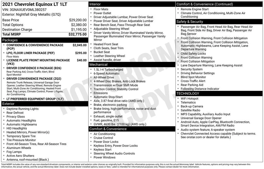 Certified 2021 Chevrolet Equinox LT with VIN 3GNAXUEV0ML380257 for sale in Orfordville, WI