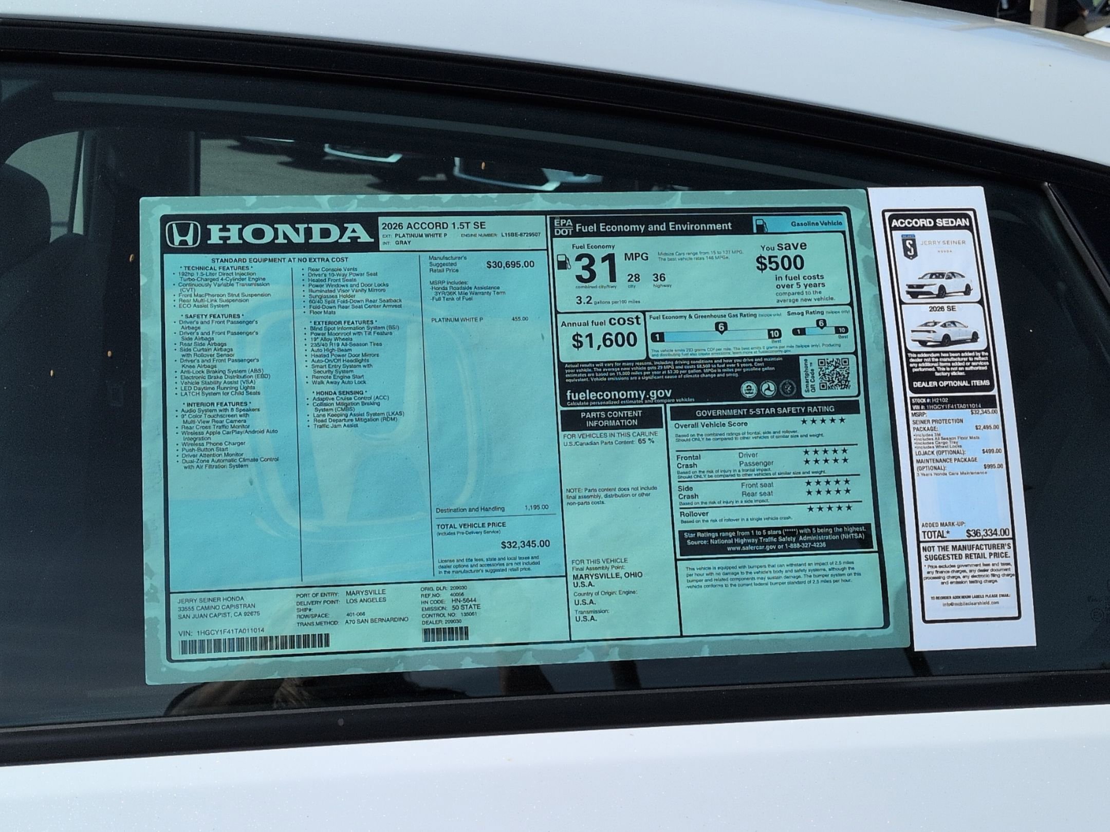 New 2026 Platinum White Pearl Honda SE image 16