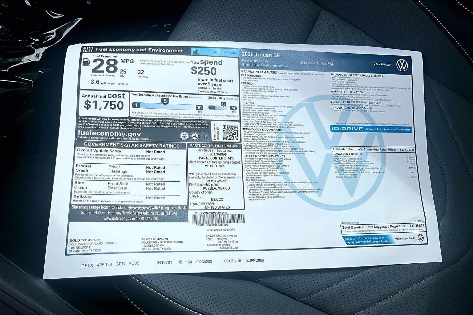 New 2026 Pure White Volkswagen 2.0T SE image 18