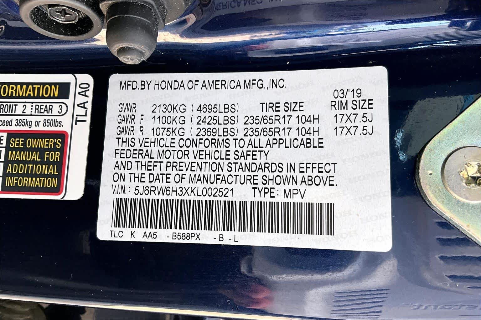 Used 2019 Obsidian Blue Pearl Honda LX image 35