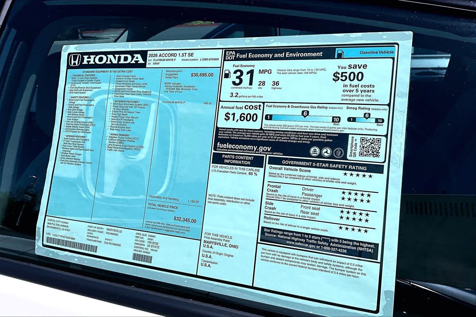New 2026 Platinum White Pearl Honda SE image 21