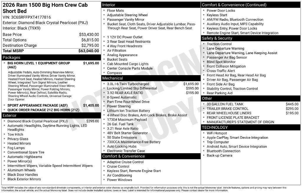 New 2026 Diamond Black Crystal Pearl-Coat Exterior Paint RAM BIG HORN image 43