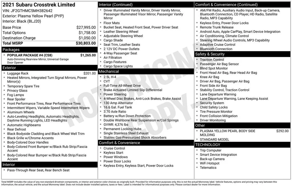 Used 2021 Yellow Subaru Limited image 2
