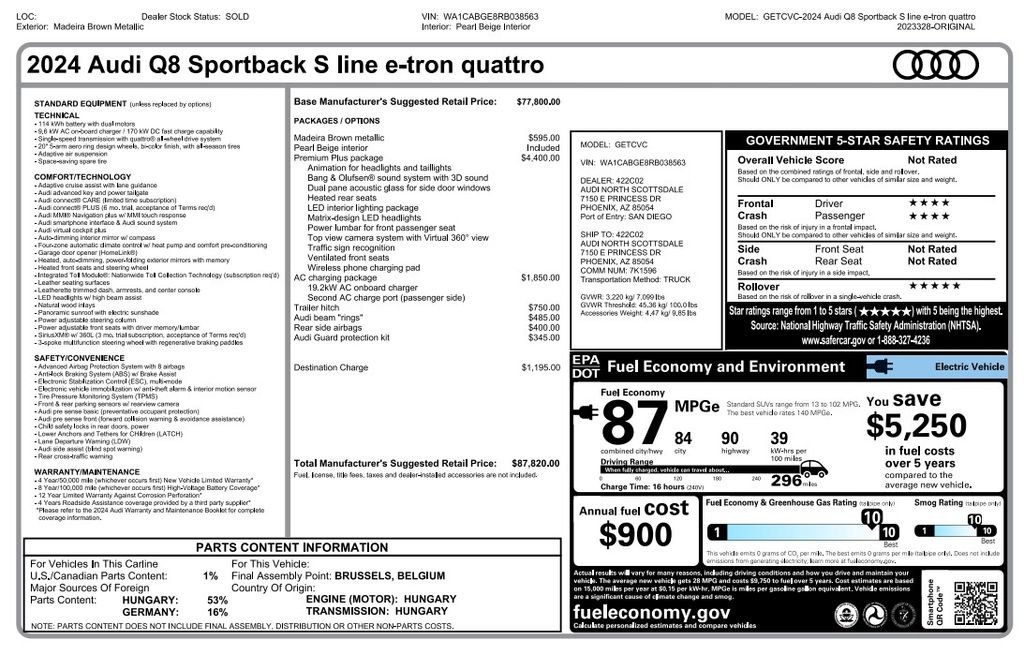 Used 2024 Audi Q8 Sportback e-tron Premium Plus with VIN WA1CABGE8RB038563 for sale in Tempe, AZ