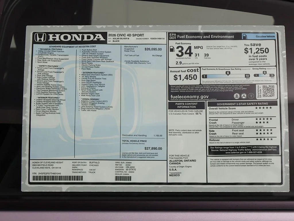 New 2026 Solar Silver Metallic Honda Sport image 24