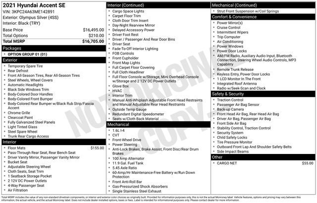 Used 2021 Hyundai Accent SE with VIN 3KPC24A63ME142891 for sale in Grove City, OH