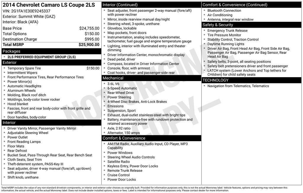 Used 2014 Chevrolet Camaro 2LS with VIN 2G1FA1E30E9245337 for sale in Gainesville, FL