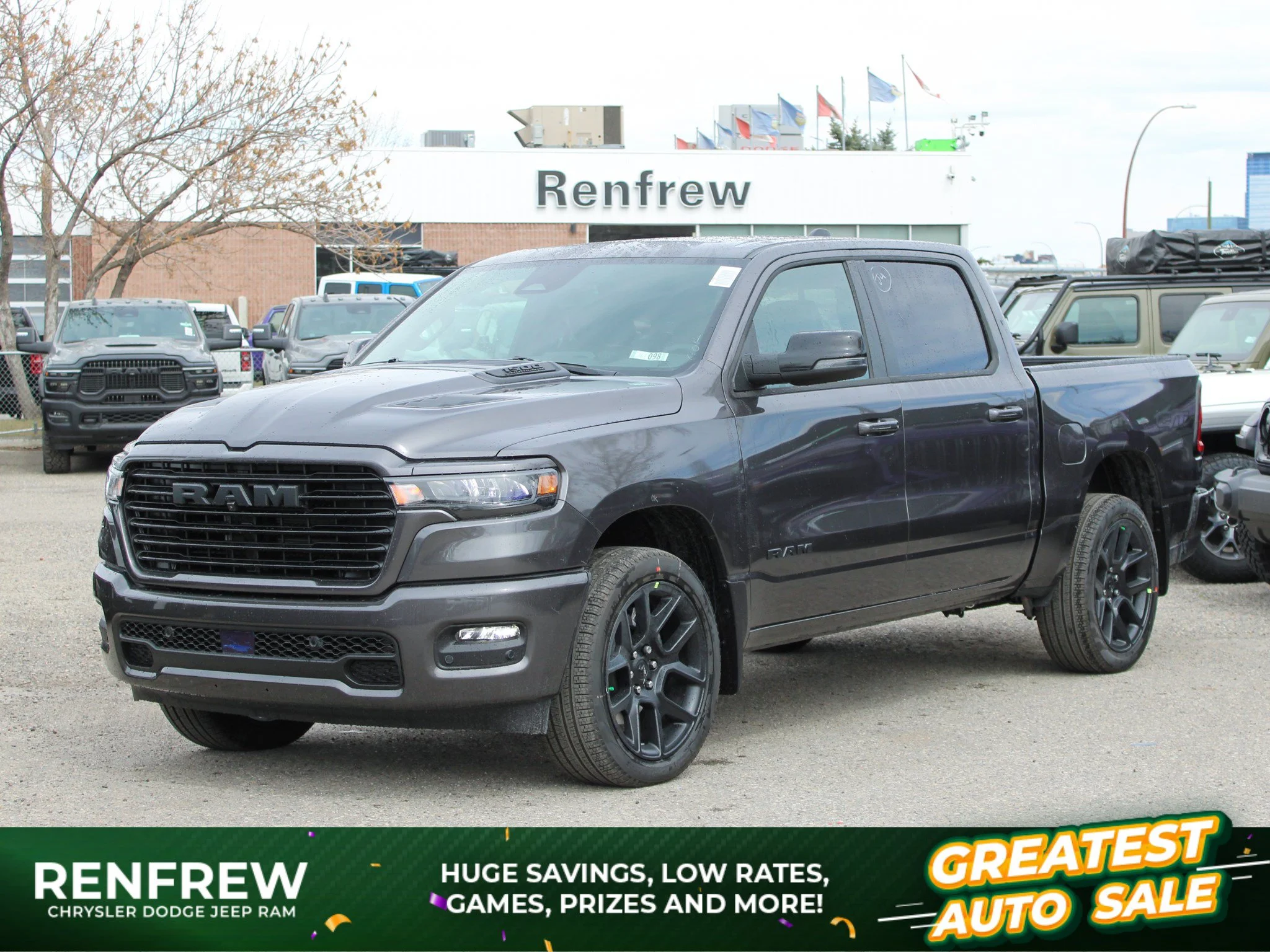 New 2026 Grey RAM Sport G/T* Crew Cab 4x4, Panoramic Sunroof, Harman/Kardon, Passive Cold End Exhaust image 1