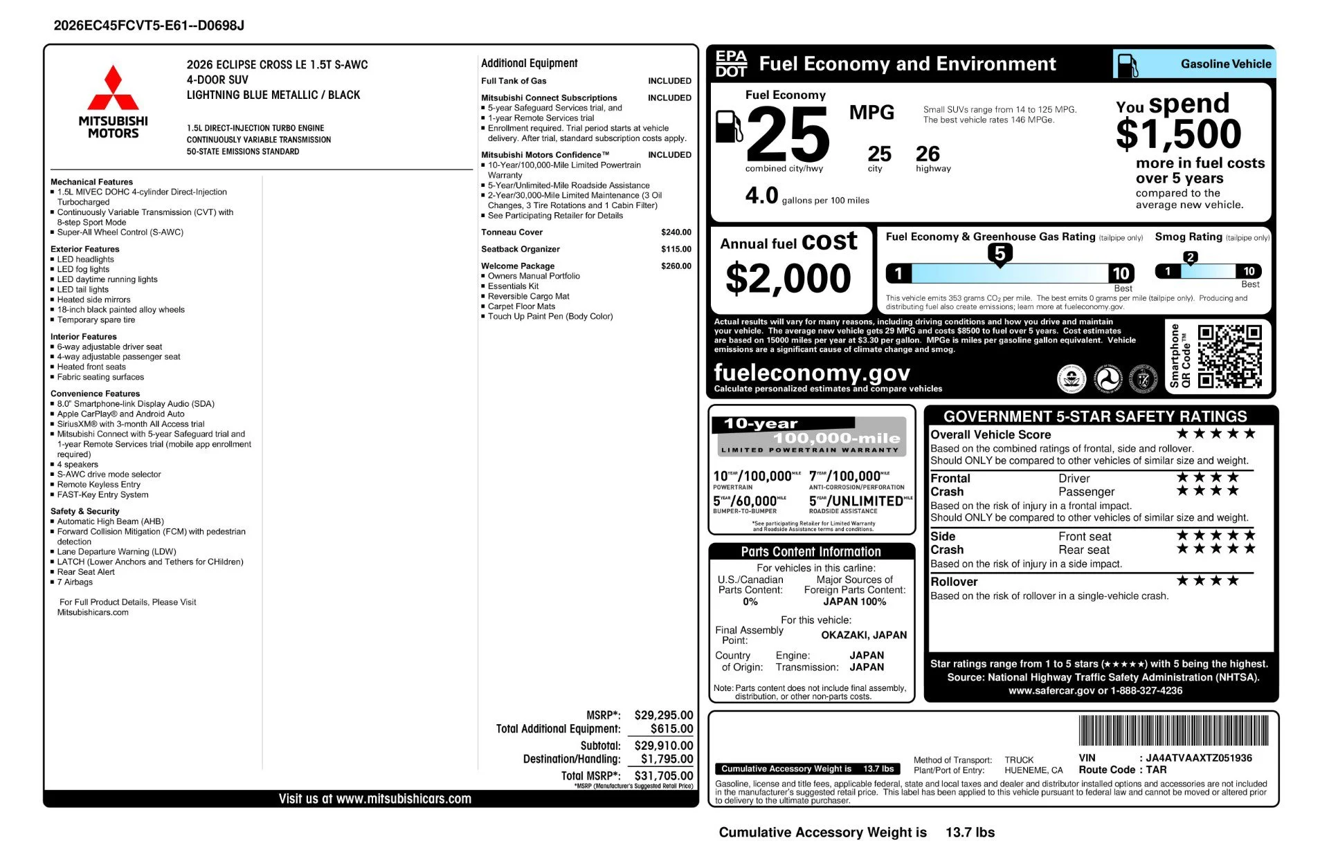 New 2026 Lightning Blue Metallic Mitsubishi LE 1.5T S-AWC image 11