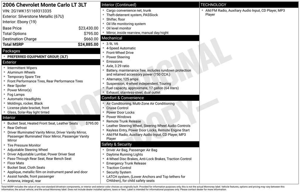 Used 2006 Chevrolet Monte Carlo LT with VIN 2G1WK151169313335 for sale in Marion, IN