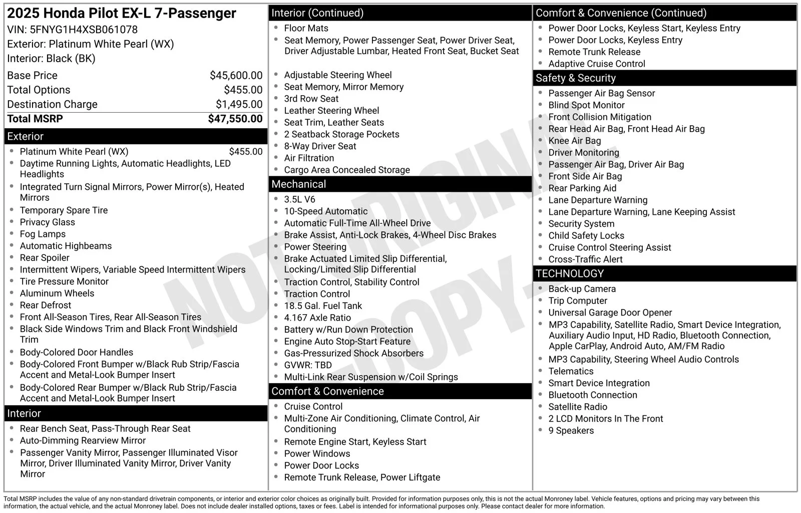Certified Used 2025 Platinum White Pearl Honda AWD EX-L image 10