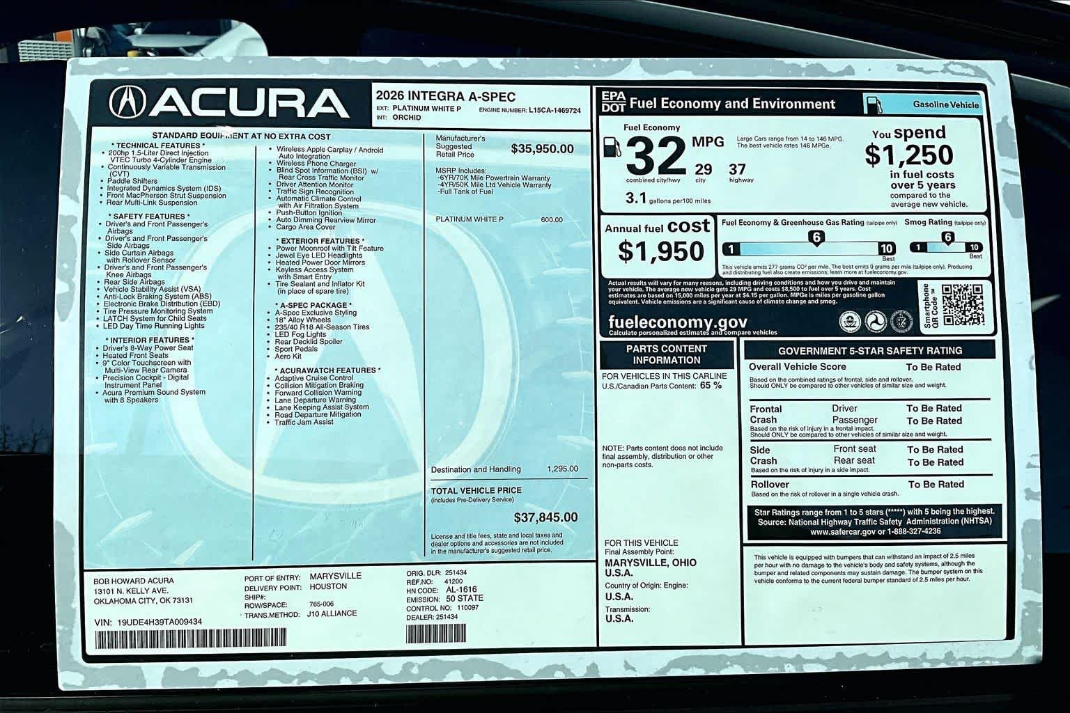 New 2026 Platinum White Pearl Acura w/A-Spec Package image 19