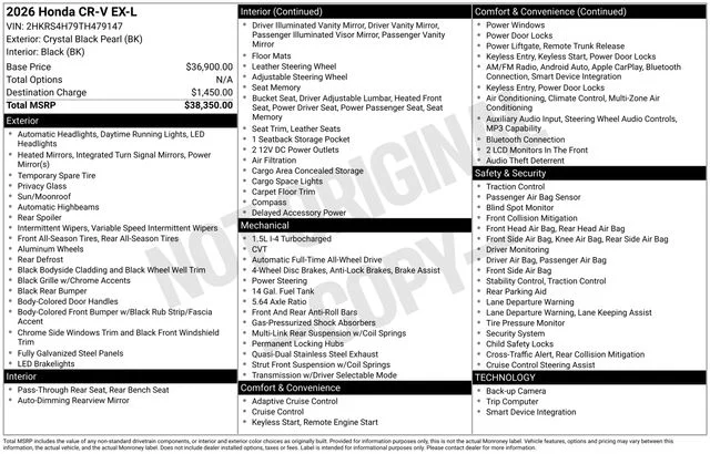 New 2026 Crystal Black Pearl Honda AWD EX-L image 15