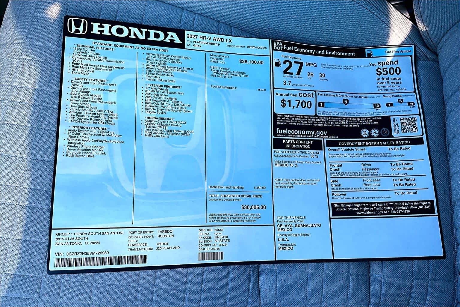 New 2027 Platinum White Pearl Honda LX AWD image 18