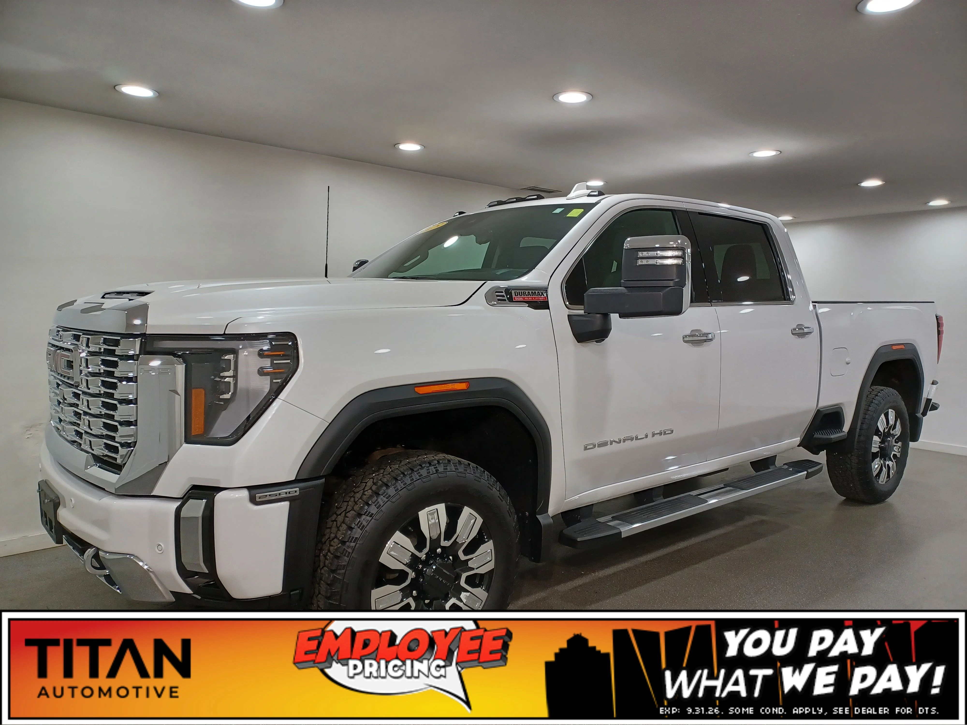 Certified Used 2025 White Frost Tricoat GMC Denali 4WD*No Lux Tax | 6.6L Duramax Diesel | Adapt Cruise | Remote Start | Cooled Leather | Tow Pkg image 1