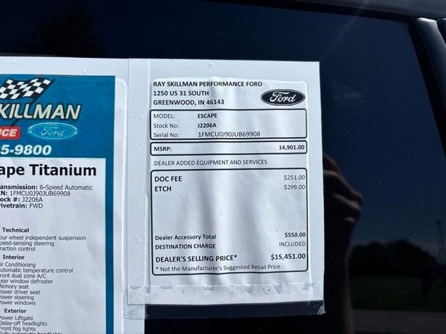Used 2018 Ford Escape Titanium with VIN 1FMCU0J90JUB69908 for sale in Greenwood, IN
