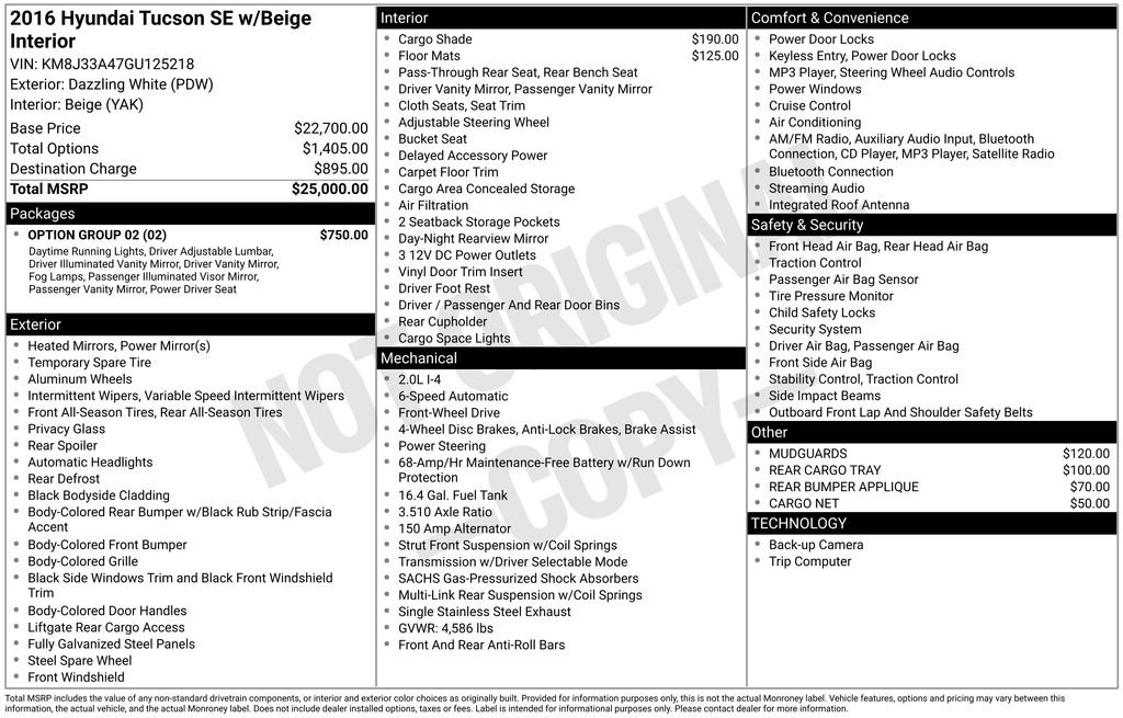 Used 2016 Hyundai Tucson SE with VIN KM8J33A47GU125218 for sale in New Smyrna Beach, FL