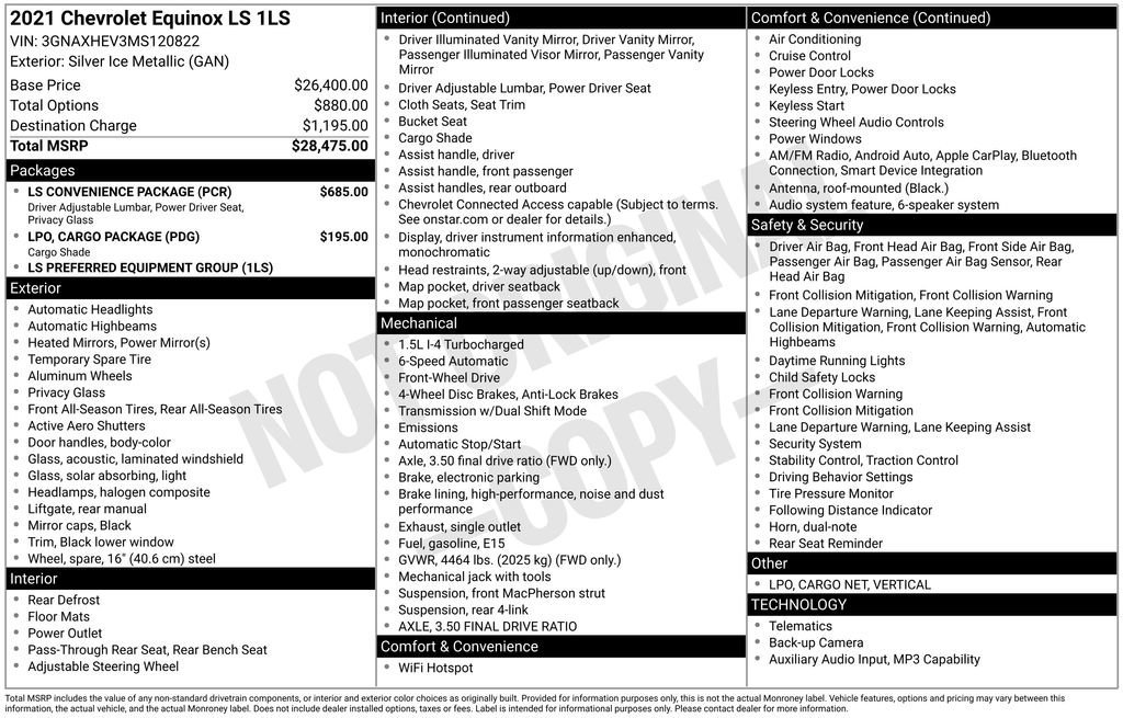 Used 2021 Chevrolet Equinox LS with VIN 3GNAXHEV3MS120822 for sale in Tarpon Springs, FL
