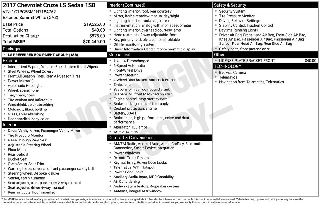 Used 2017 Chevrolet Cruze LS with VIN 1G1BC5SM1H7184762 for sale in Huron, SD