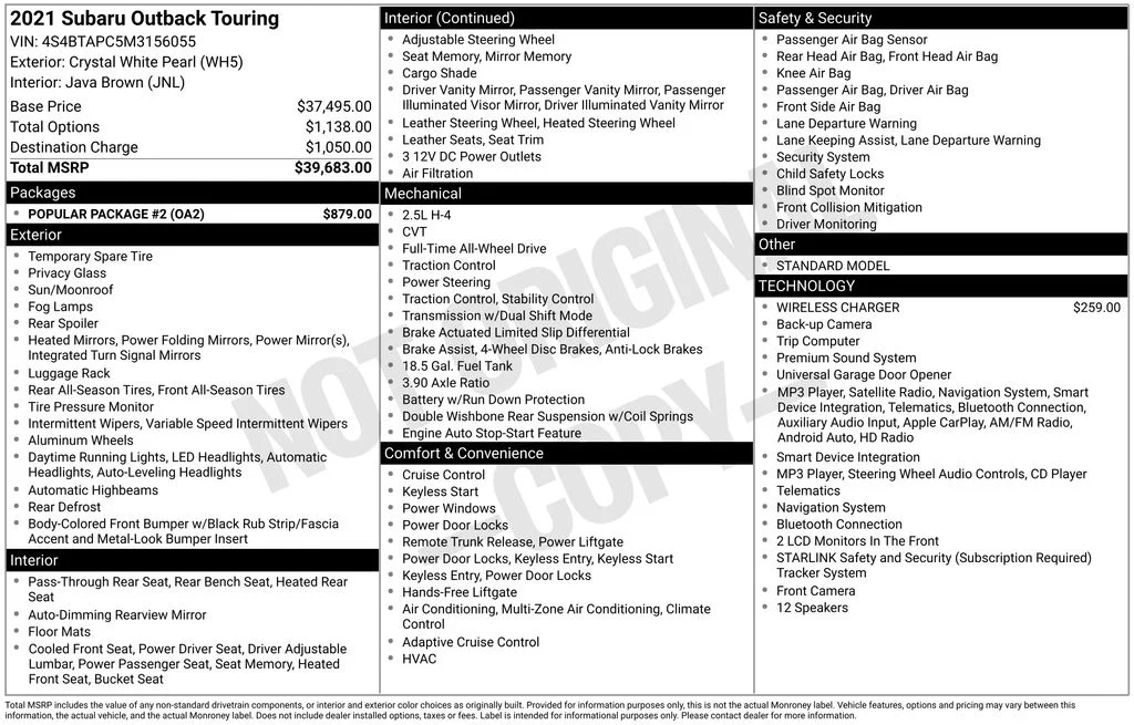 Used 2021 White Subaru Touring image 7