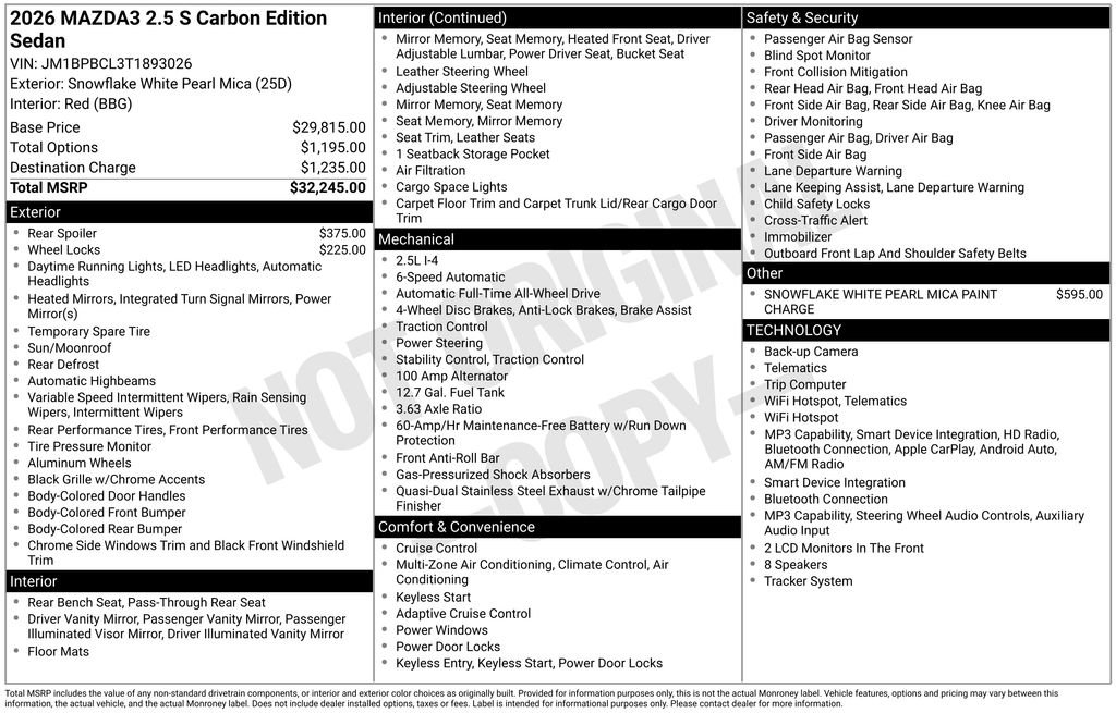 New 2026 Snowflake White Pearl Mazda 2.5 S Carbon Edition AWD image 3