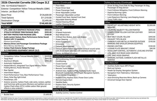 New 2026 Competition Yellow Tintcoat Metallic Chevrolet 2LZ image 5