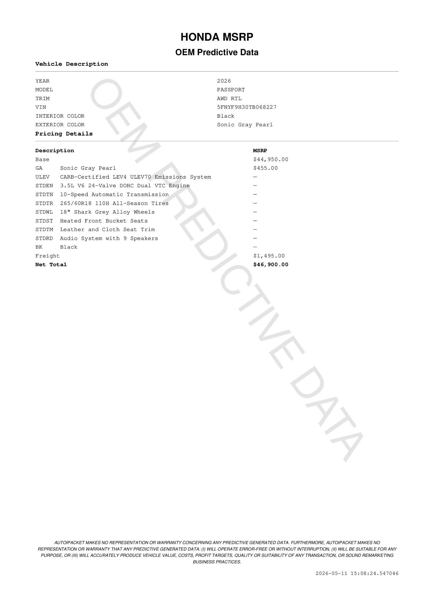 New 2026 Sonic Gray Pearl Honda RTL image 11