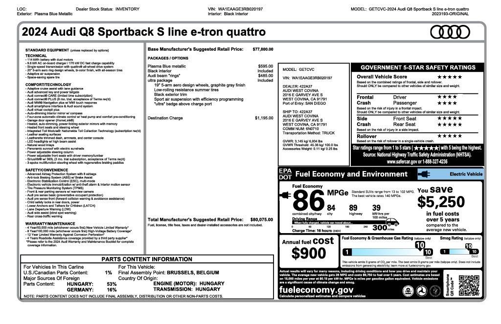 Used 2024 Audi Q8 Sportback e-tron Premium with VIN WA1EAAGE3RB020197 for sale in Tempe, AZ