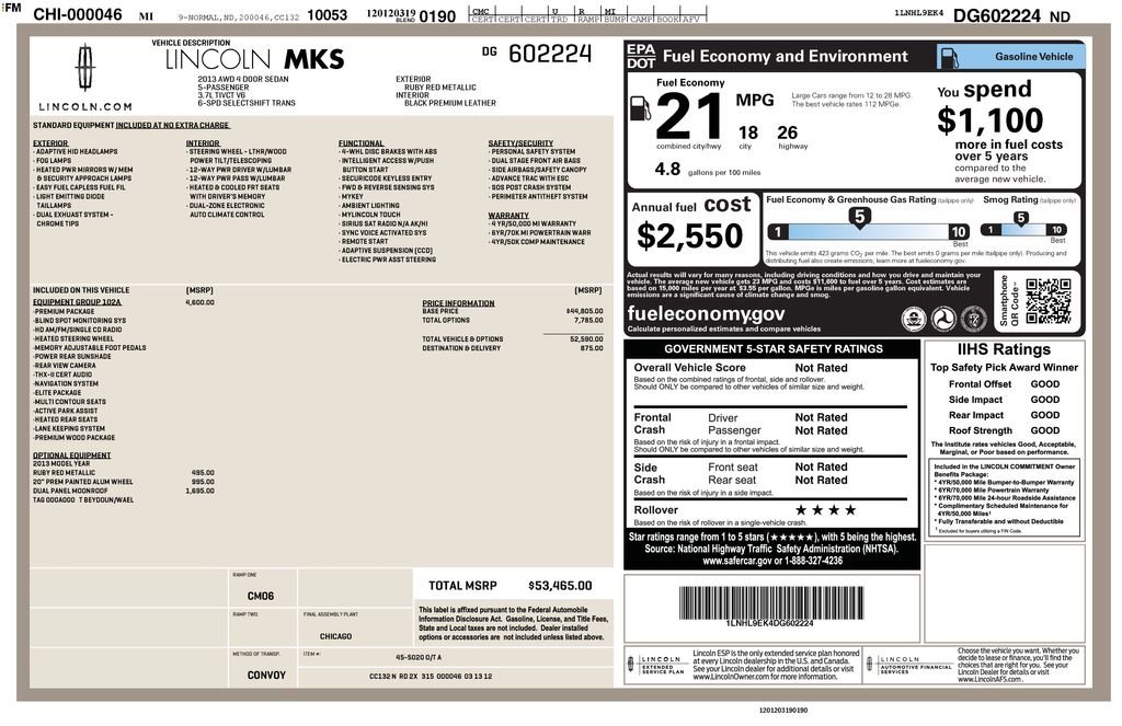 Used 2013 Lincoln MKS Base with VIN 1LNHL9EK4DG602224 for sale in Redlands, CA