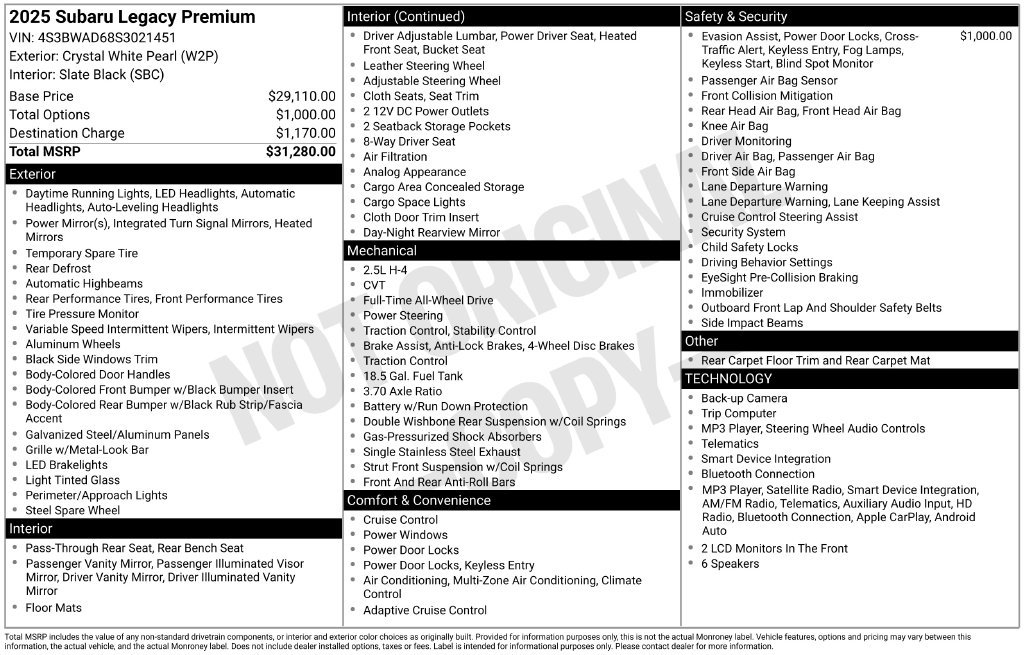 Used 2025 White Subaru Premium image 6