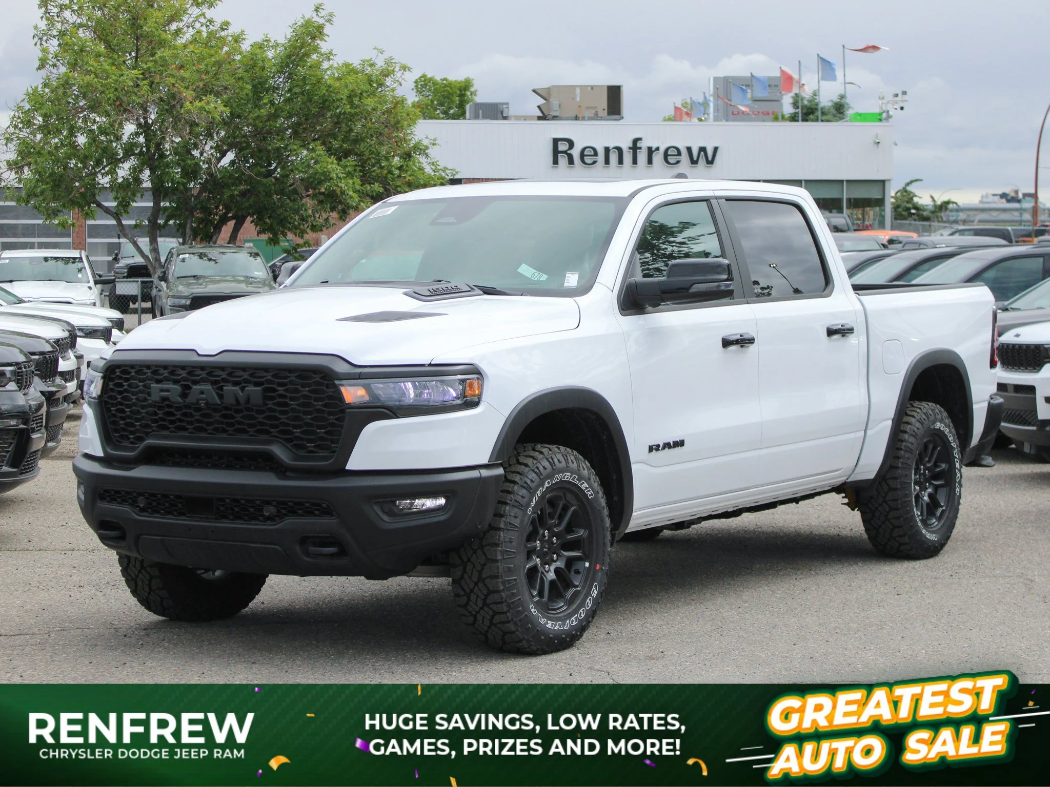 New 2026 White RAM Rebel* Crew Cab 4x4, Head-Up Display, 33 Inch A/T Tires, Advanced Safety Group II image 1