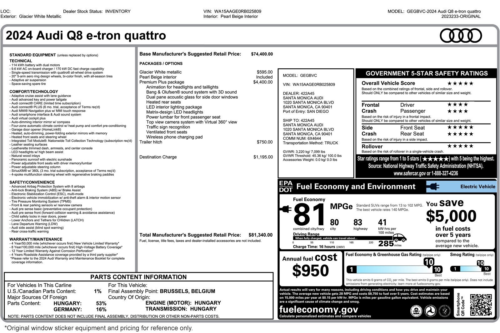 Used 2024 Audi Q8 e-tron Premium Plus with VIN WA15AAGE0RB025809 for sale in Costa Mesa, CA