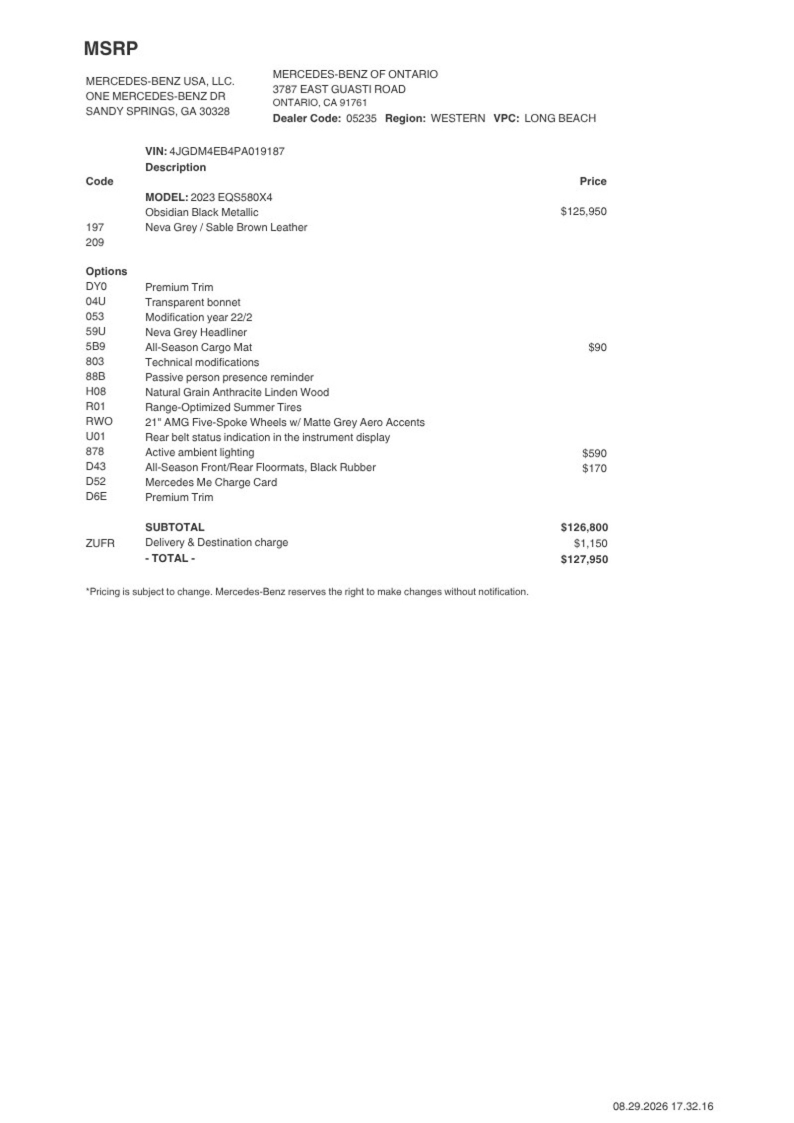 Certified 2023 Mercedes-Benz EQS SUV Base with VIN 4JGDM4EB4PA019187 for sale in Ontario, CA