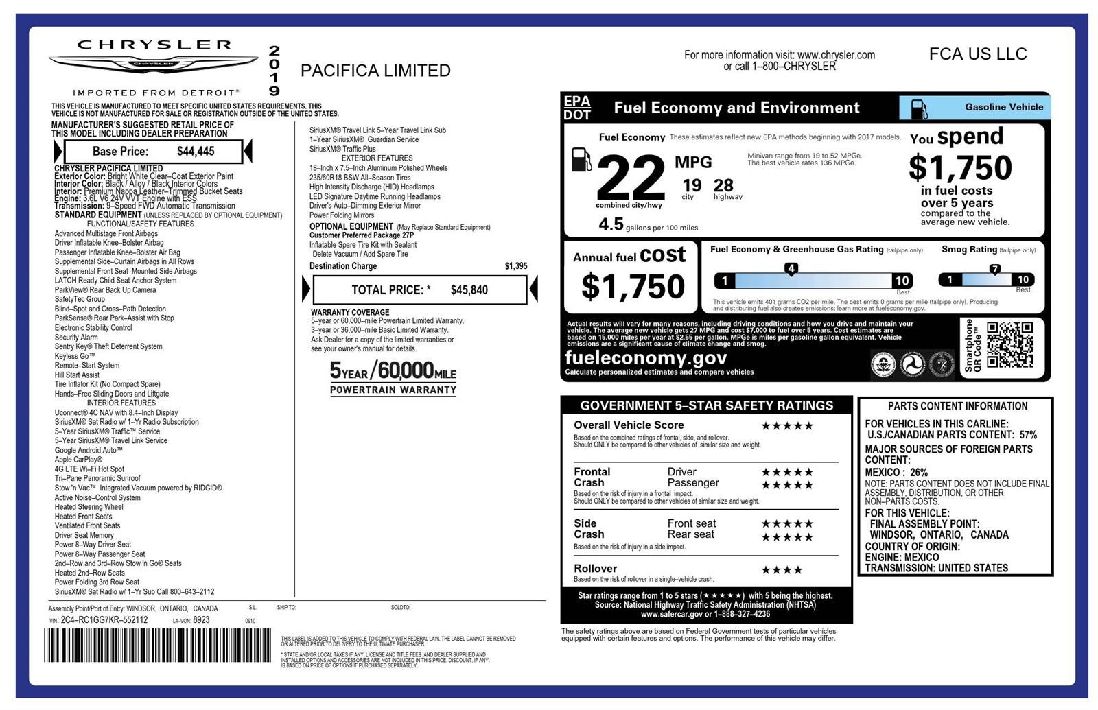 Used 2019 Bright White Clearcoat Chrysler Limited image 2