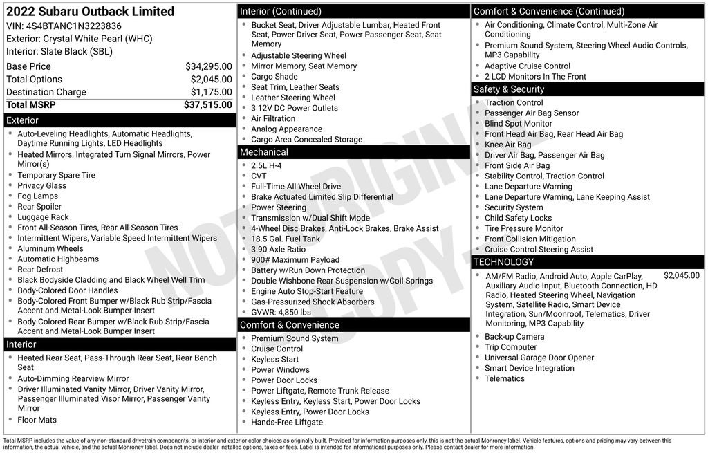 Used 2022 White Subaru Limited image 1