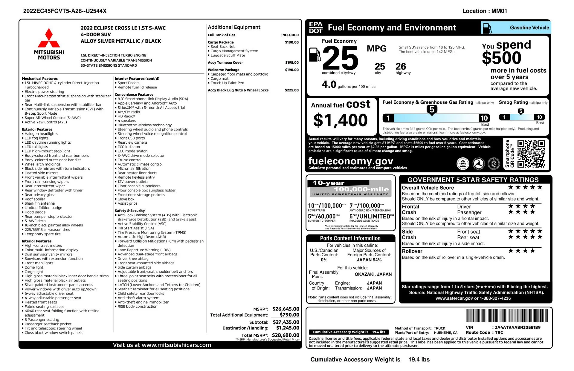 Used 2022 White Diamond Mitsubishi LE image 11