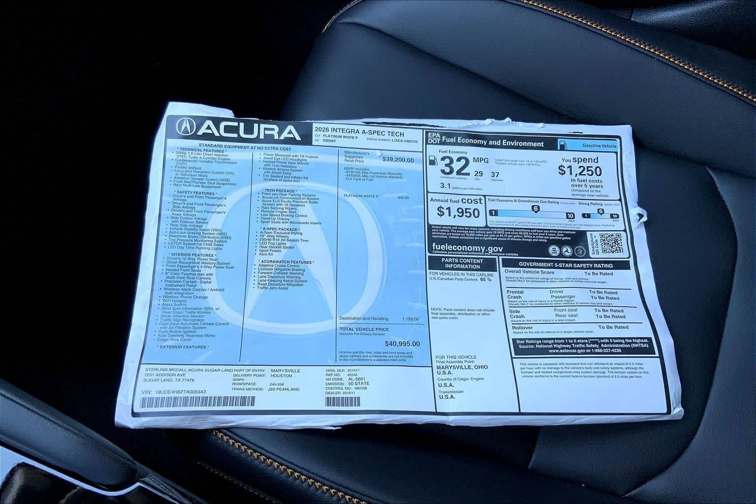 New 2026 Platinum White Pearl Acura w/A-Spec Technology Package image 22