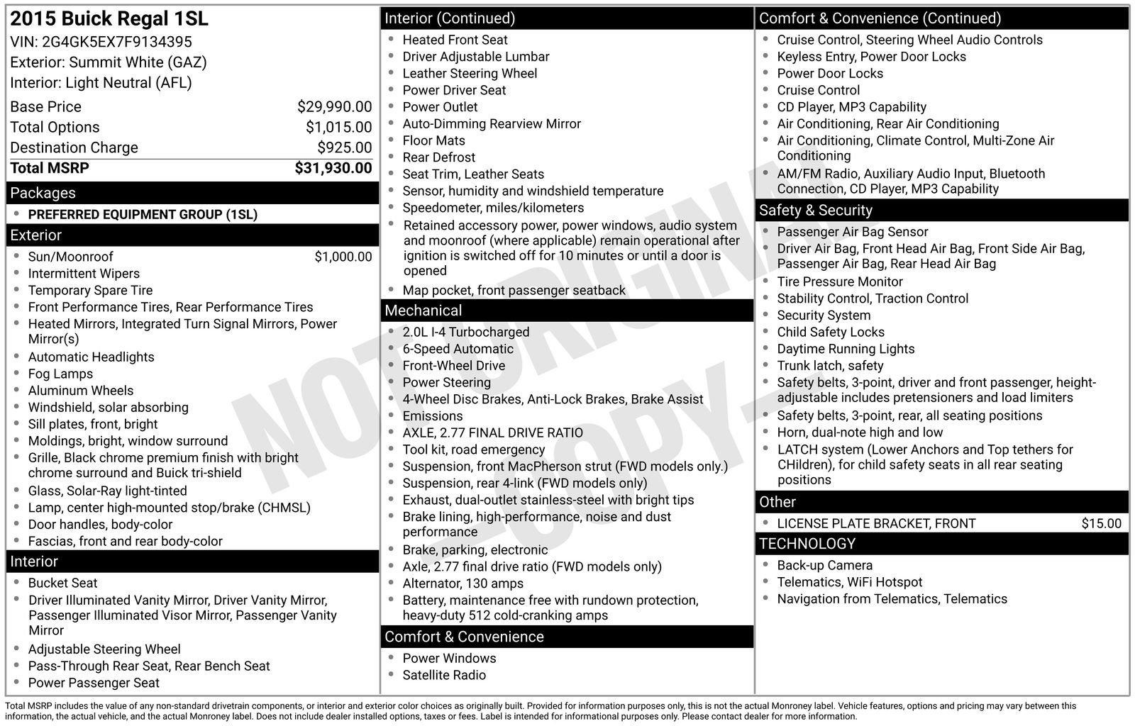 Used 2015 Buick Regal Base with VIN 2G4GK5EX7F9134395 for sale in Brainerd, Minnesota