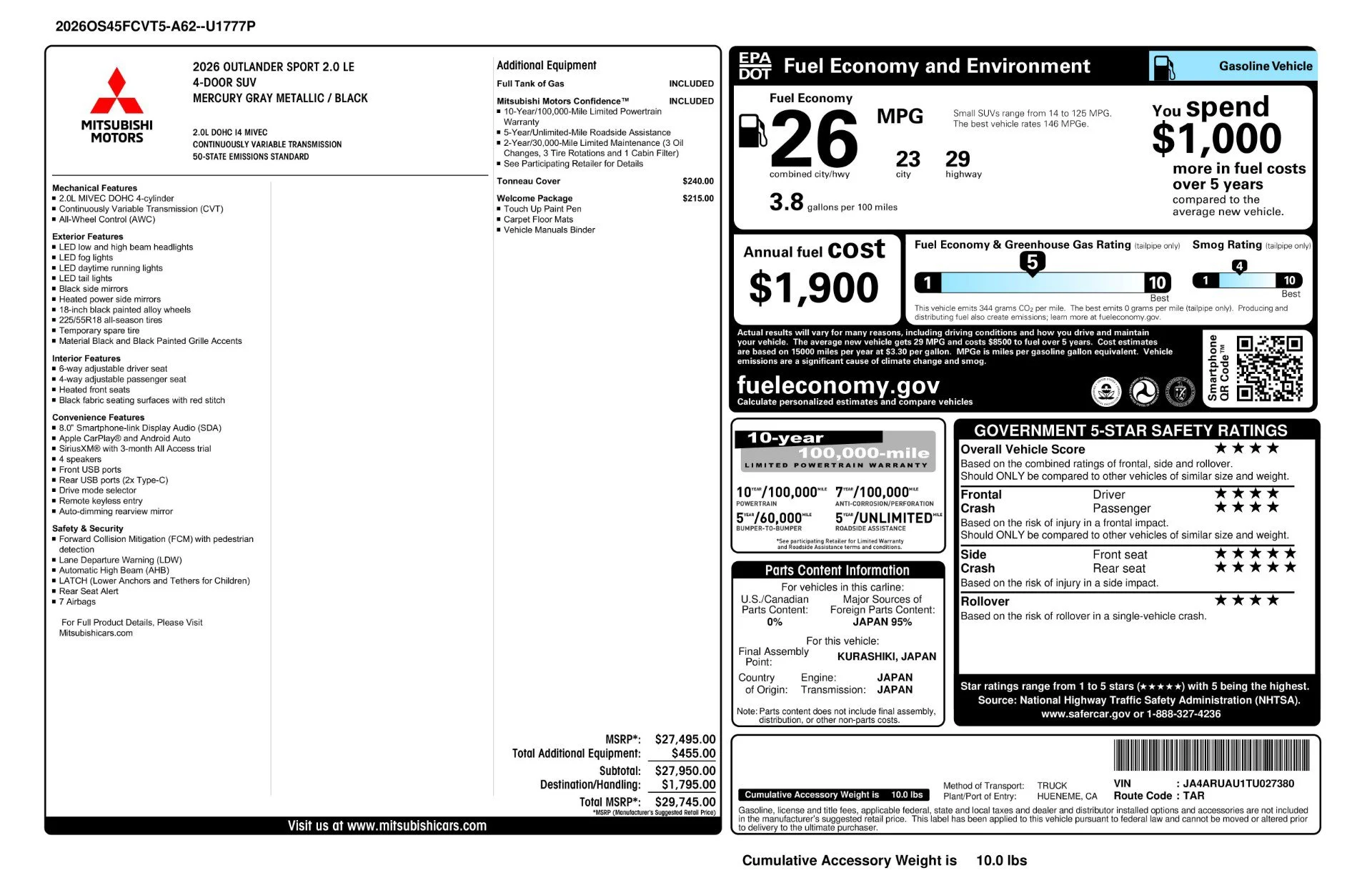 New 2026 Mercury Gray Metallic Mitsubishi LE image 11