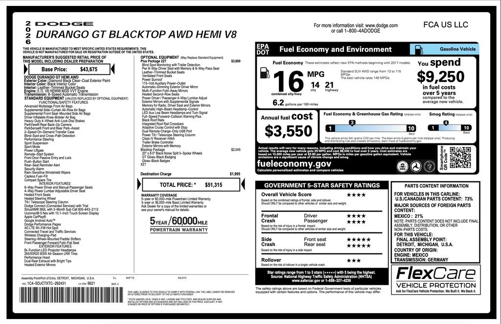 New 2026 Diamond Black Clear-Coat Exterior Paint Dodge GT Plus HEMI V8 image 2