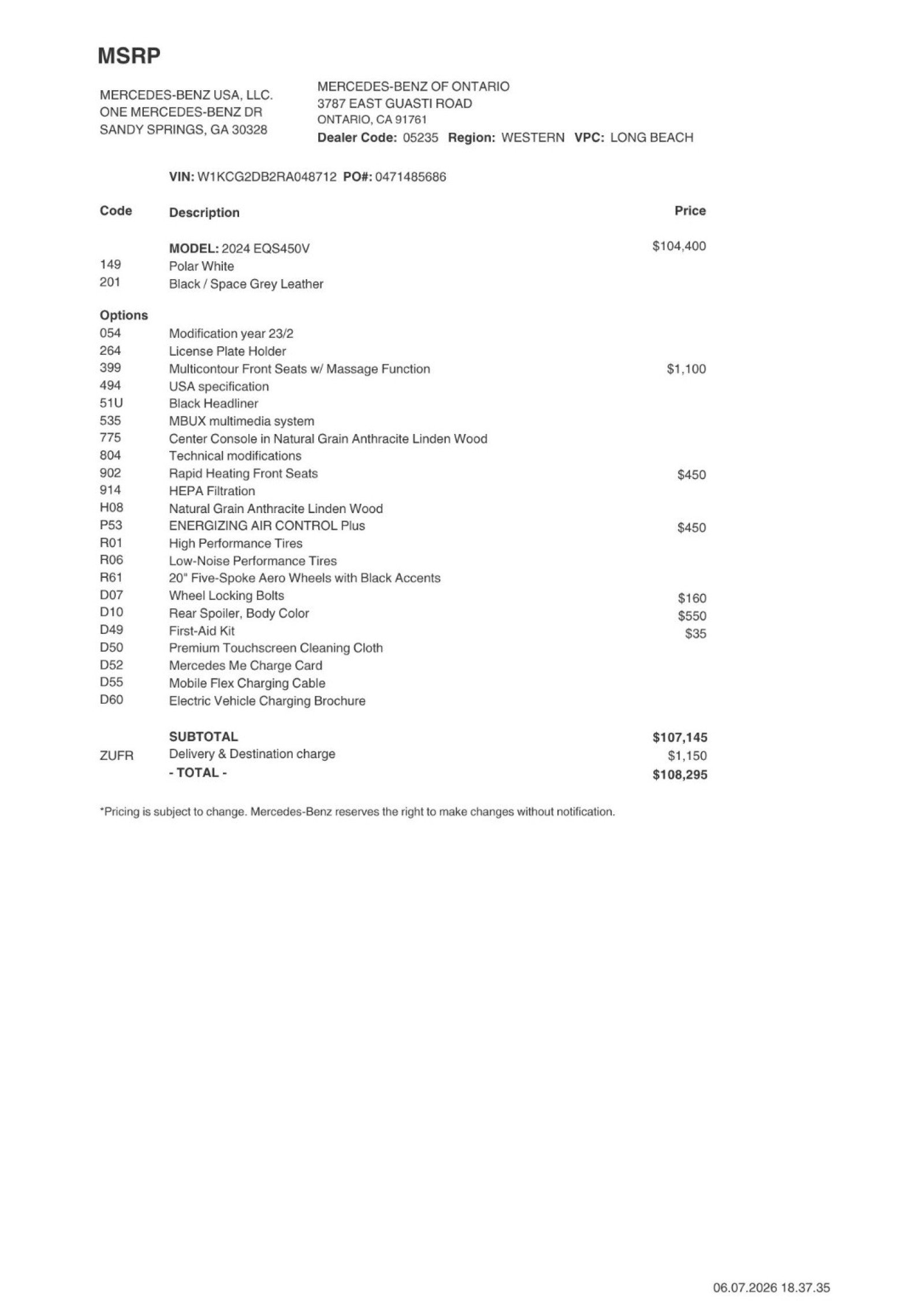 Certified 2024 Mercedes-Benz EQS Base with VIN W1KCG2DB2RA048712 for sale in Ontario, CA