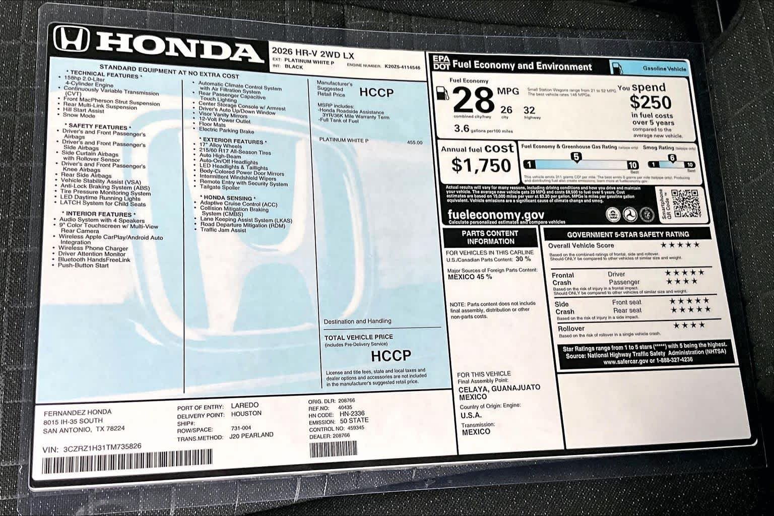 Used 2026 Platinum White Pearl Honda LX image 19