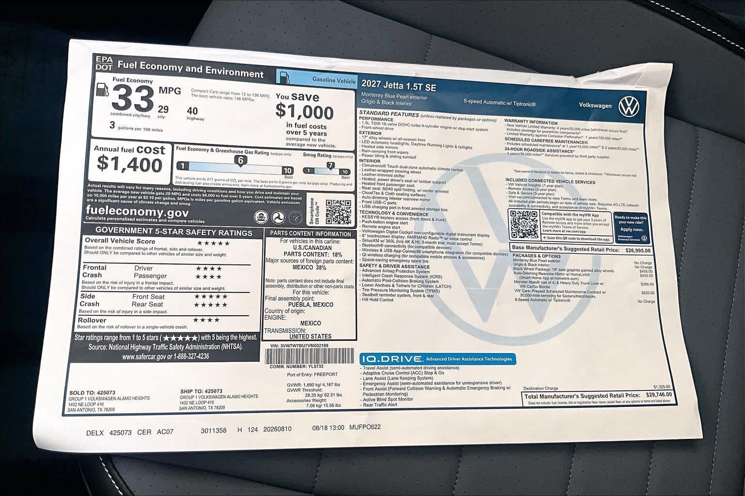 New 2027 Monterey Blue P Volkswagen 1.8T SE image 22