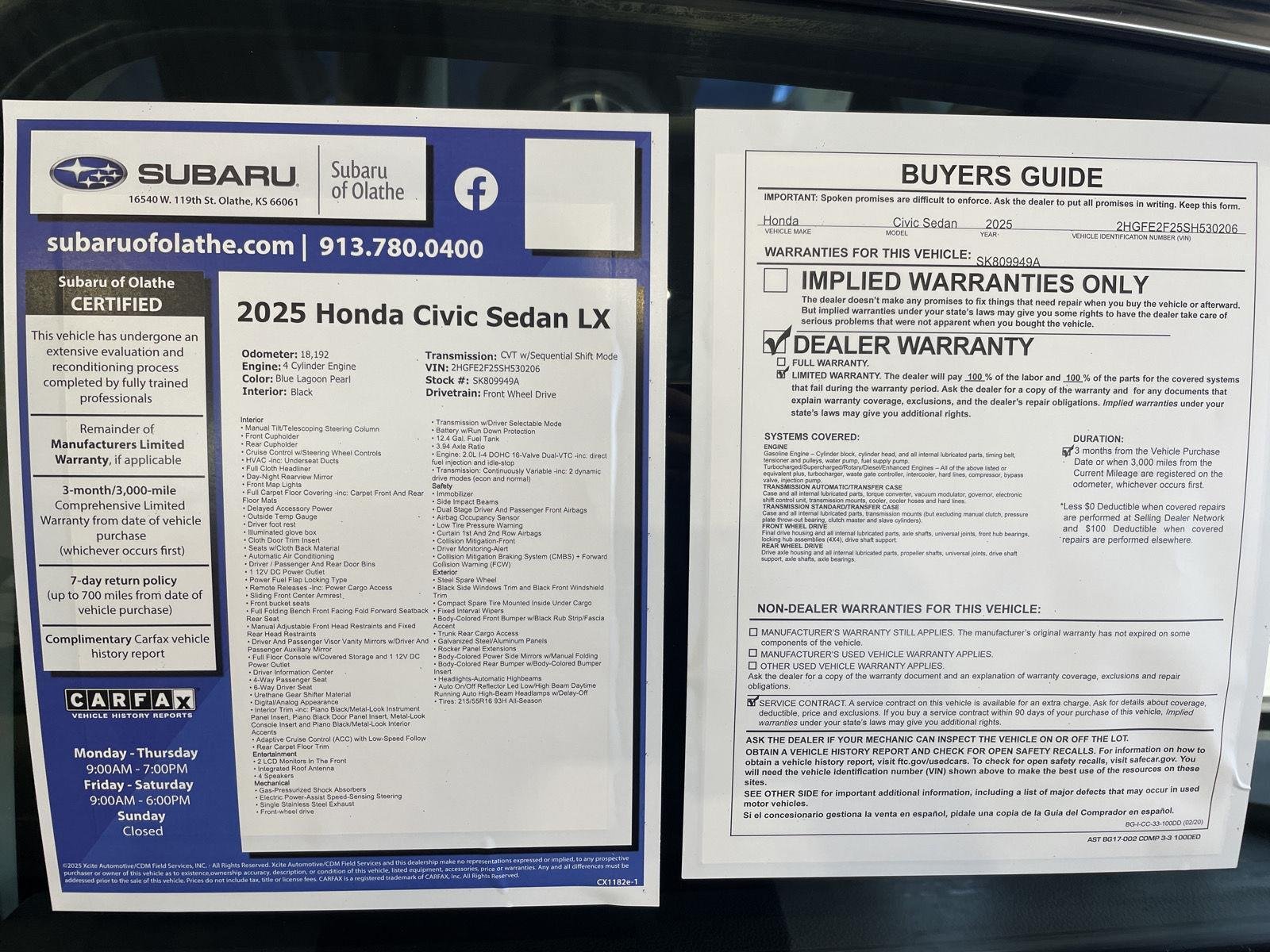 Used 2025 Honda Civic LX with VIN 2HGFE2F25SH530206 for sale in Kansas City