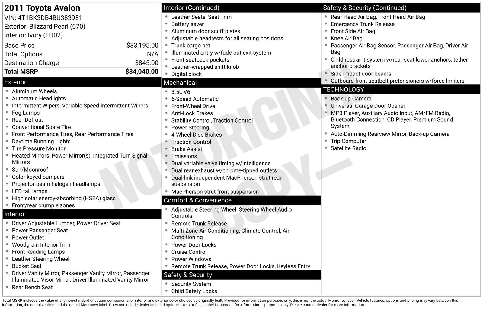 2011 Toyota Avalon Base