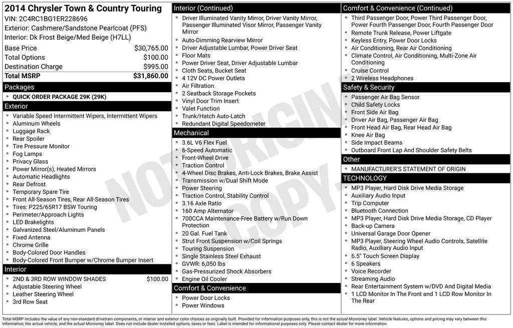 Used 2014 Chrysler Town & Country Touring with VIN 2C4RC1BG1ER228696 for sale in Huron, SD